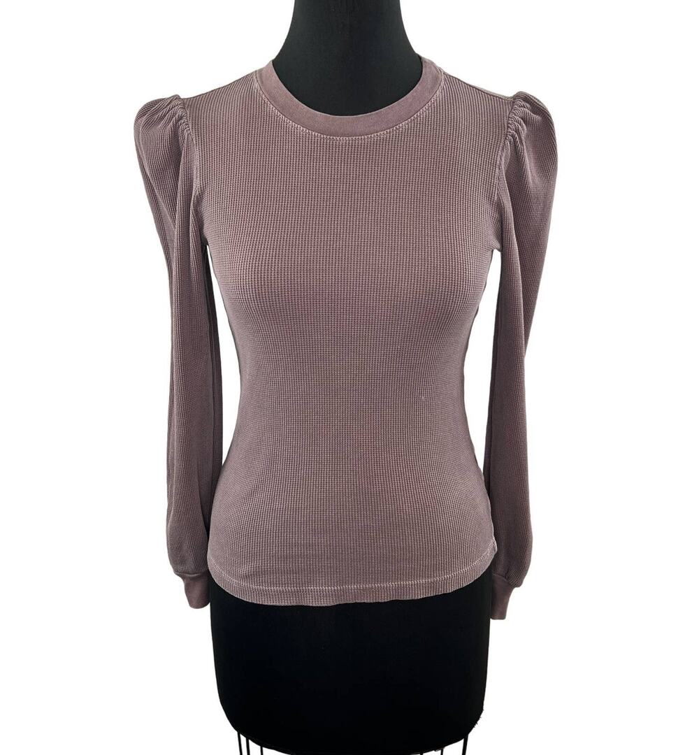 AMO Girly Purple Organic Cotton Waffle Puff Sleeve Long Sleeve Top Stretch USA M